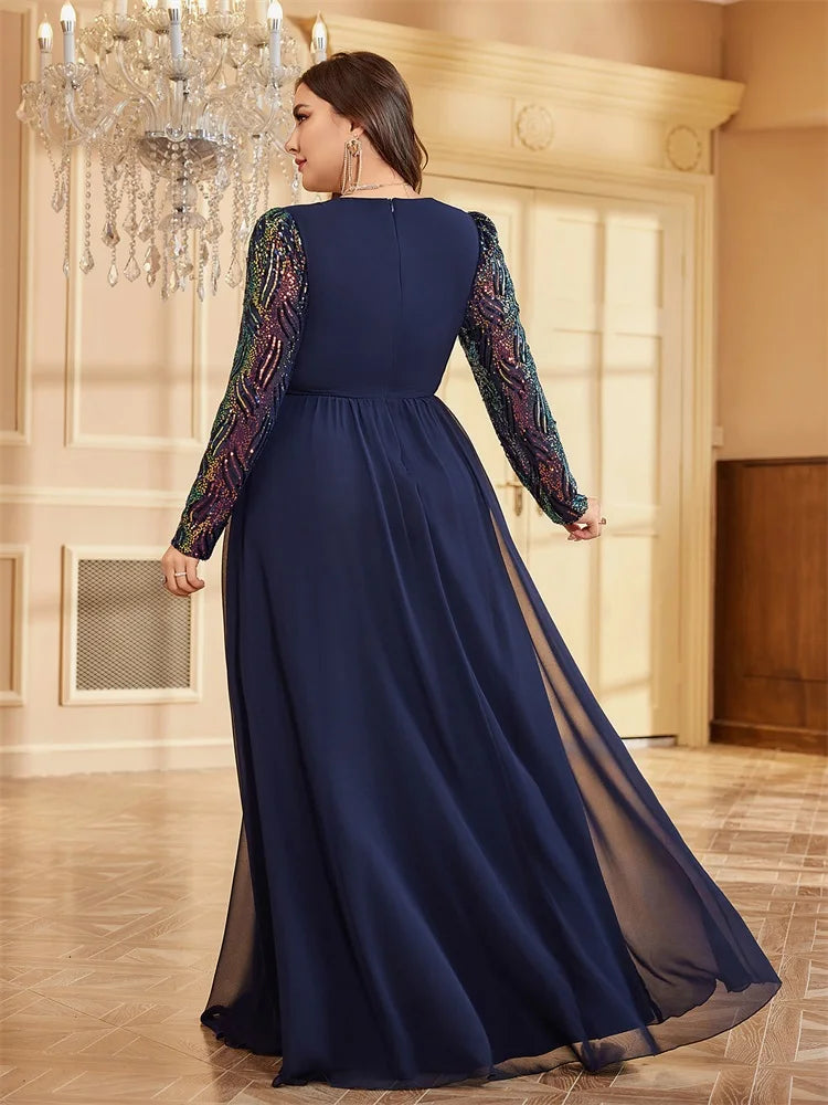 BluePlum Plus Size Luxury Chiffon Long Sleeve Evening Dresses Women Sequin Blue Wedding Party Cocktail Prom Floor Lenght Gowns | Blue Plum - Blue Plum