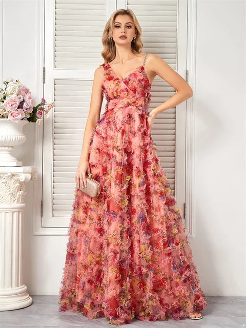 BluePlum Luxury Fashion Floral V-Neck Evening Dress Women Elegant Tulle Bridesmaid Wedding Party Prom Floor Lenght Cocktail Gowns | Blue Plum - Blue Plum