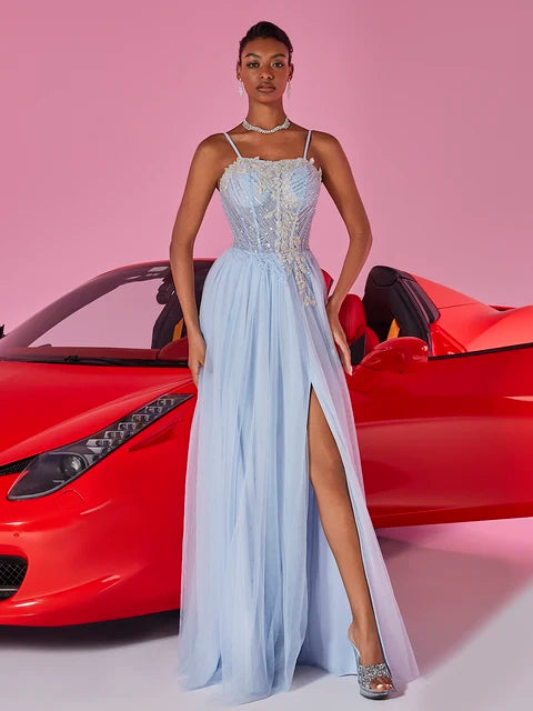 BLUEPLUM Luxury Blue Formal Evening Dress with Suspenders | Blue Plum - Blue Plum