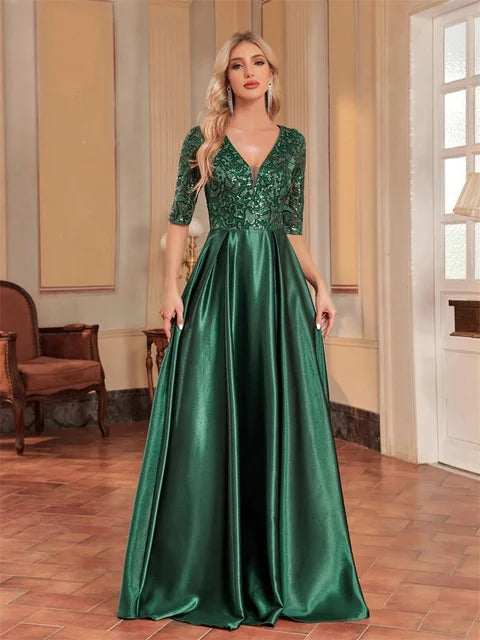 BluePlum Elegant Short Sleeve Blue Sequins Evening Dress Women Satin Sexy V-neck Wedding Party Prom Cocktail Floor Lenght Dresses | Blue Plum - Blue Plum