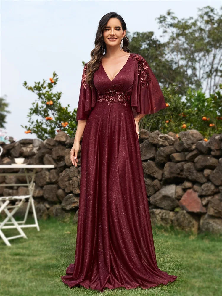 BluePlum Elegant Shining Short sleeve Navy Formal Evening Dress Long 2024 Luxury Women Wedding Party Dress Cocktail Prom Gowns | Blue Plum - Blue Plum