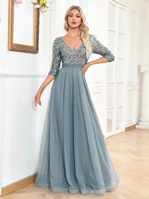Sequin Blue Formal Evening Dress - Elegant Luxury Gown | Blue Plum - Blue Plum