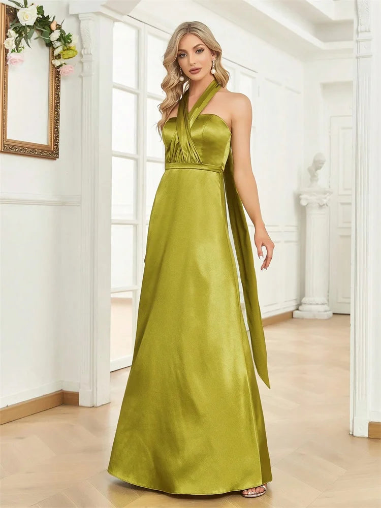 Elegant V-Back Green Satin Cocktail Gown | Blue Plum - Blue Plum