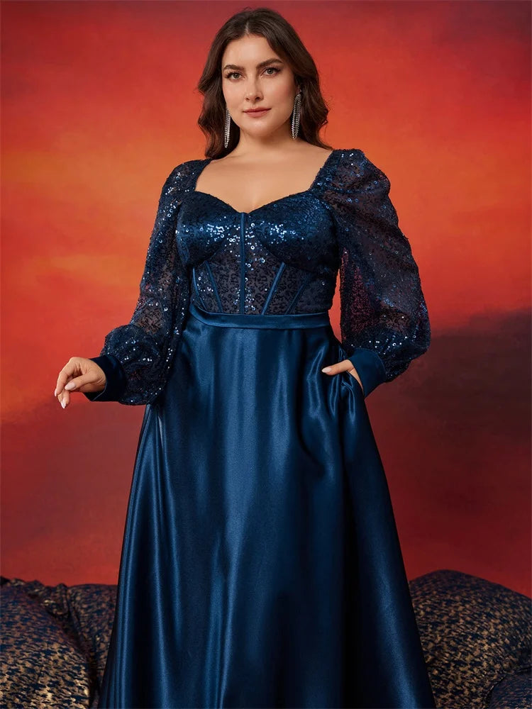 BluePlum Plus Size Luxury Blue V-Neck Sequin Evening Dress Elegant Women Party Maxi Dress Long Sleeve Cocktail Dress Prom Gown | Blue Plum - Blue Plum