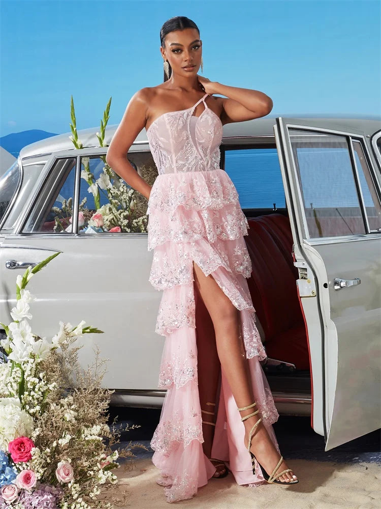 Luxury Oblique Shoulder Pink Slit Chiffon Mermaid Evening Dress | Blue Plum - Blue Plum