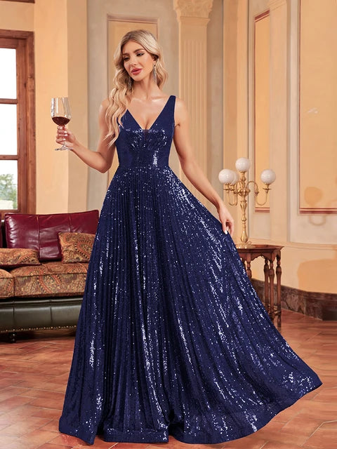 Luxury Luxury V-Neck Sleeveless Green Evening Dress Women Sequins Wedding Party Prom Maxi Cocktail Dresses Long Lenght Vestidos | Blue Plum - Blue Plum