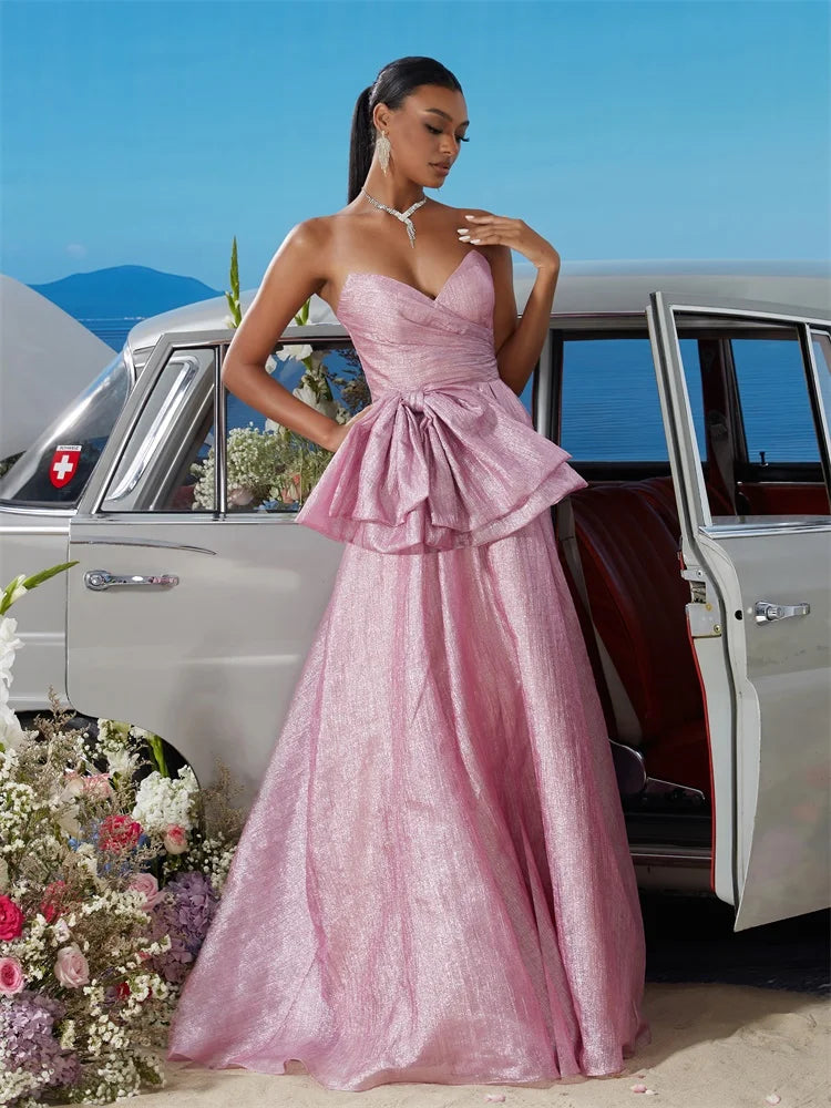 BLUEPLUM Off-shoulder Bow Pink Evening Dress - Elegant Women's A-line Gown | Blue Plum - Blue Plum