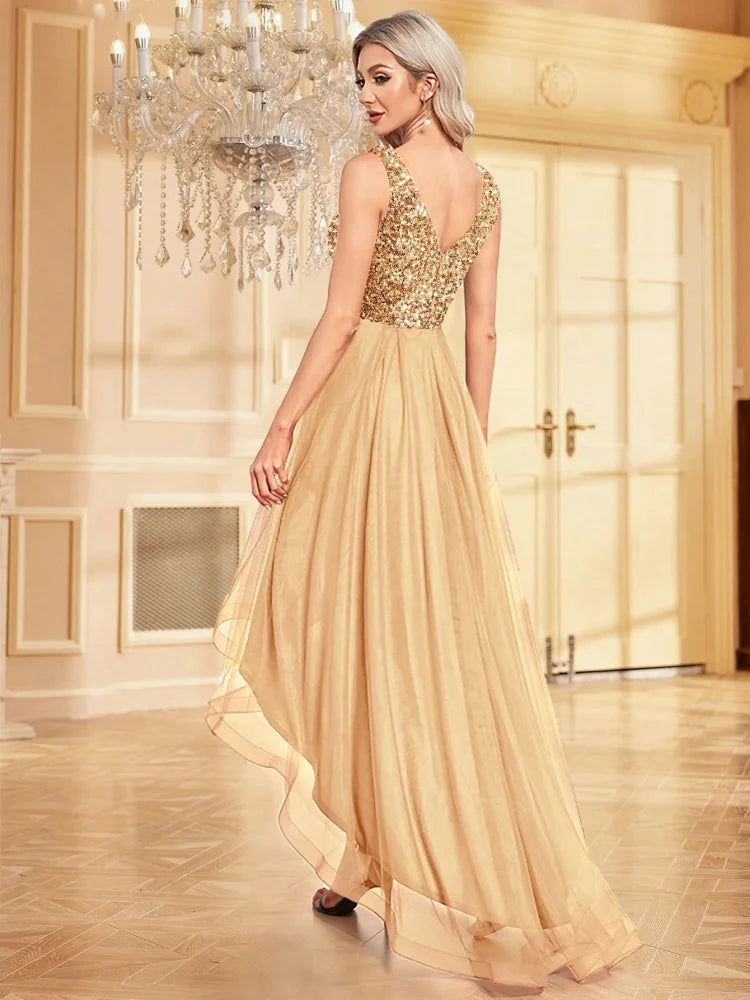 Sequined Sleeveless Gold Formal Evening Dress | Blue Plum - Blue Plum