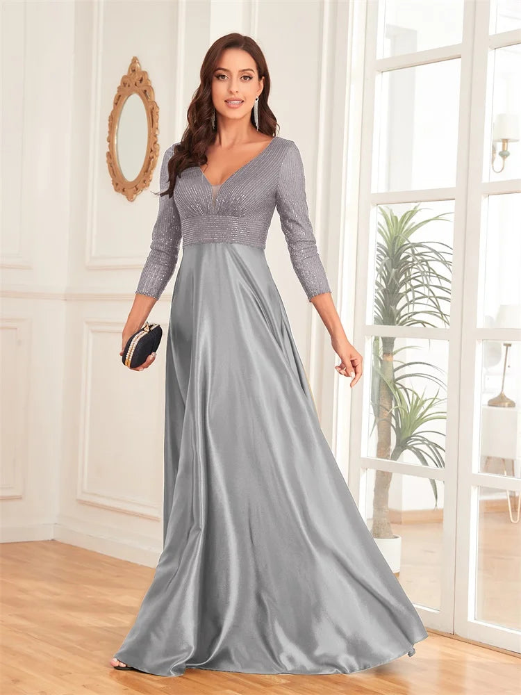 Luxury Deep V-Neck Sequins Evening Dress | Blue Plum - Blue Plum