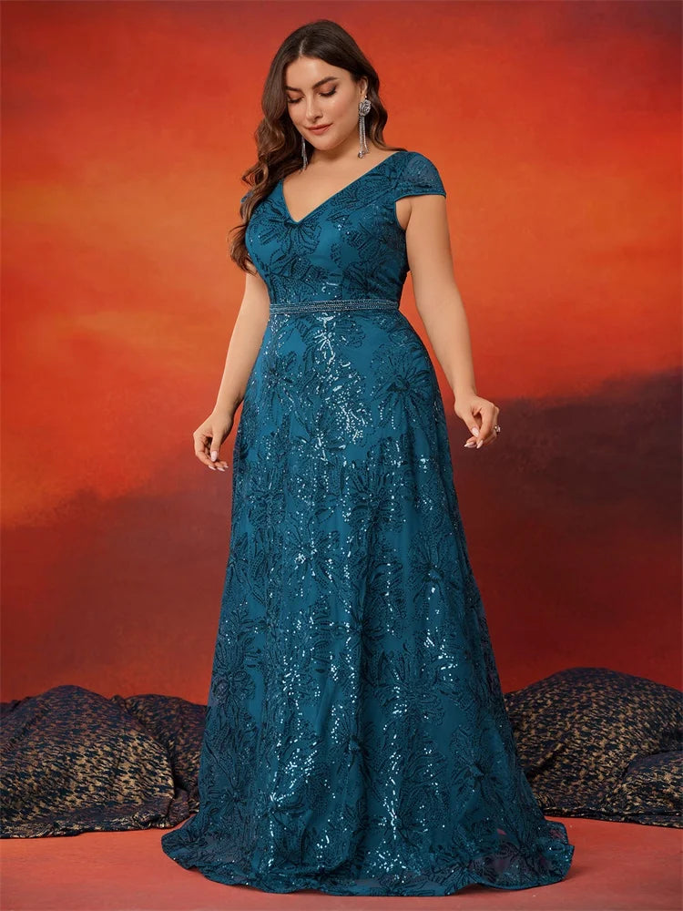 BluePlum Plus Size Luxury V-Back Sequins Blue Evening Dress Women Elegant V-back Wedding Party Long Prom Cocktail Dresses Gown | Blue Plum - Blue Plum