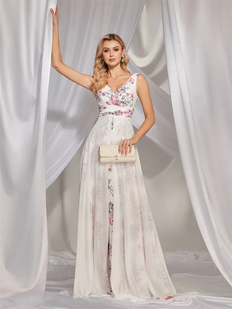 BluePlum Luxury Chiffon Printing White Backless Evening Dresses long 2024 Women Dress Wedding Bridesmaid Party Prom Cocktail Gowns | Blue Plum - Blue Plum