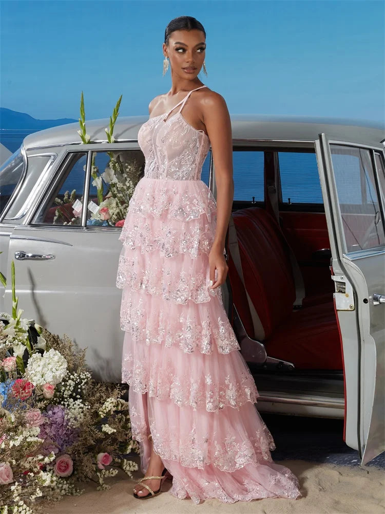 Luxury Oblique Shoulder Pink Slit Chiffon Mermaid Evening Dress | Blue Plum - Blue Plum