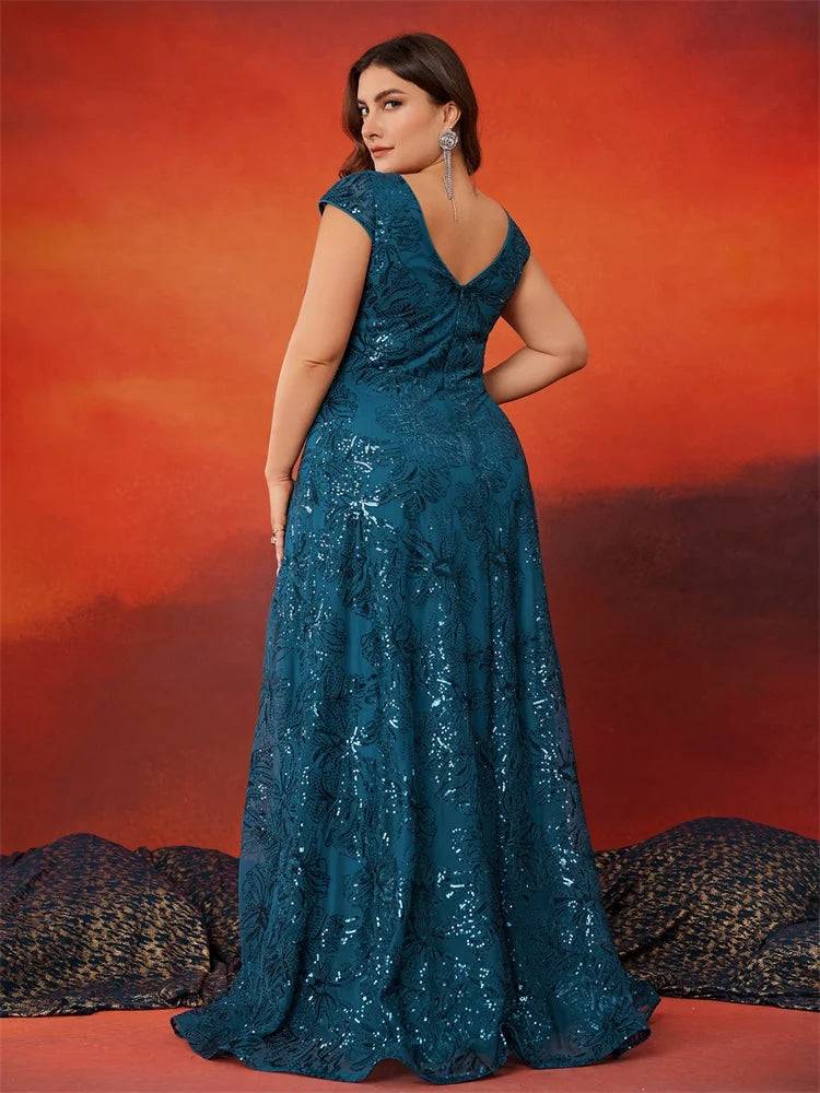 BluePlum Plus Size Luxury V-Back Sequins Blue Evening Dress Women Elegant V-back Wedding Party Long Prom Cocktail Dresses Gown | Blue Plum - Blue Plum