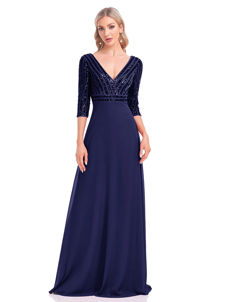 BluePlum Elegant Sequin Long Sleeve Formal Evening Dress Chiffon Blue A- line V-Neck Wedding Party Graduation Prom Dress For Women | Blue Plum - Blue Plum