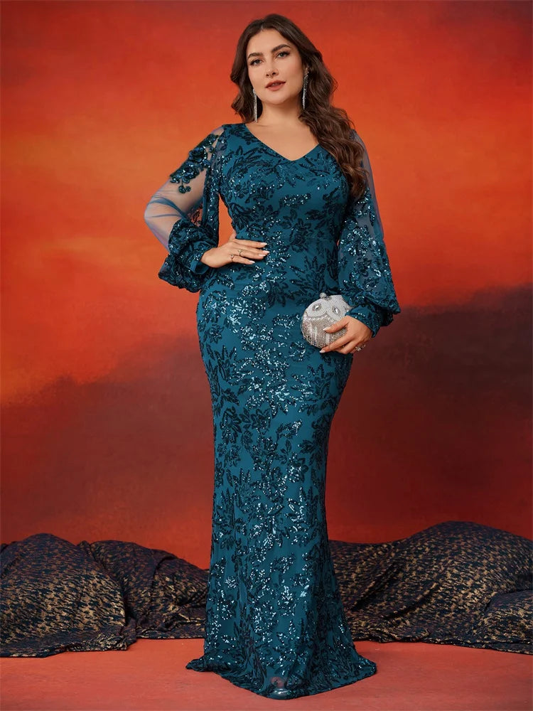 BluePlum Plus Size Elegant Long Sleeve Sequin Evening Dress Luxury Women Mermaid Wedding Party Formal Bridesmaid Prom Gowns | Blue Plum - Blue Plum