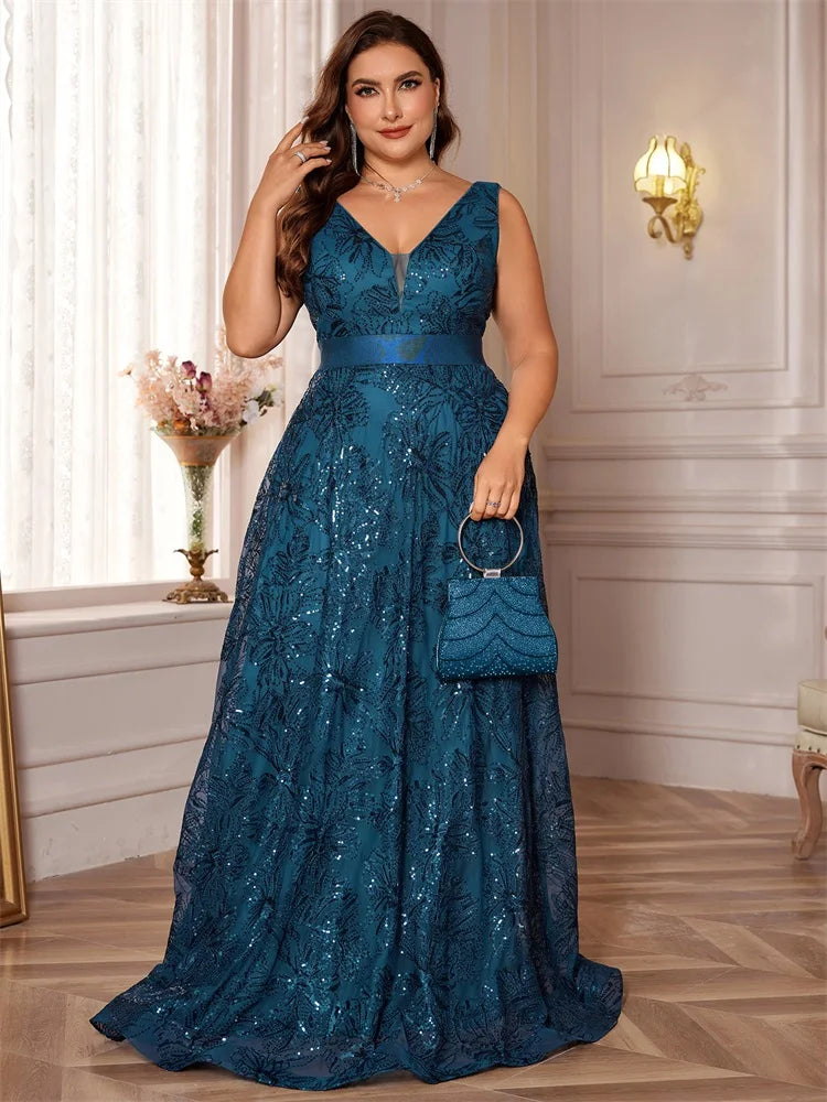 BluePlum Plus Size Luxury Sexy Deep V-Neck Sequins Blue Evening Dress Women Elegant V-back Wedding Party Long Prom Cocktail Dress | Blue Plum - Blue Plum