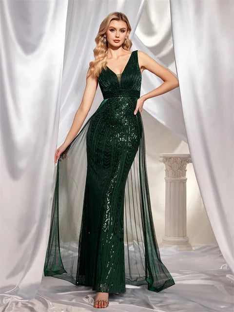 BluePlum Elegant Deep V Neck Green Sequined Evening Dress Long 2024 Luxury Women Sleevesless Party Dress Prom Cocktail Dress | Blue Plum - Blue Plum