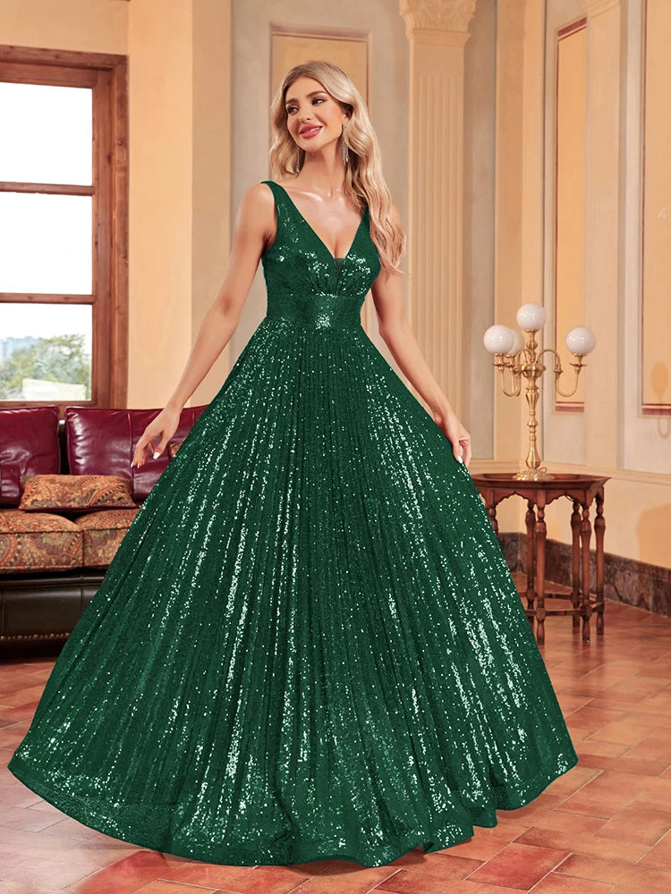 Luxury Luxury V-Neck Sleeveless Green Evening Dress Women Sequins Wedding Party Prom Maxi Cocktail Dresses Long Lenght Vestidos | Blue Plum - Blue Plum