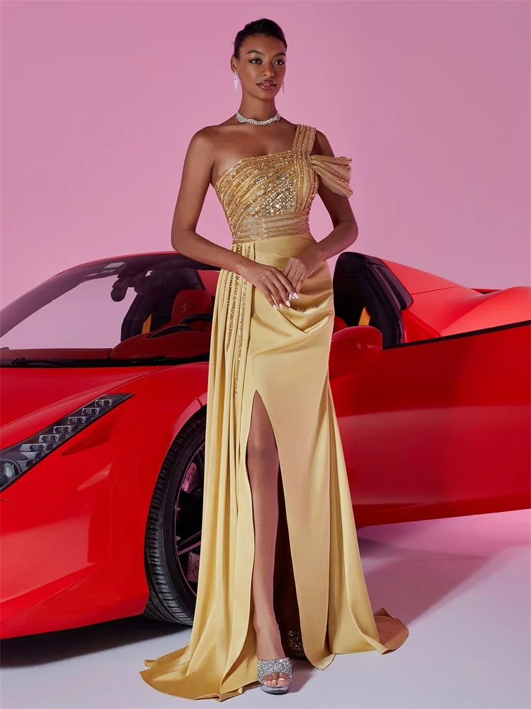Elegant Sequins Split Gold Evening Dress | Blue Plum - Blue Plum