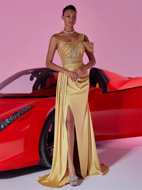 Elegant Sequins Split Gold Evening Dress | Blue Plum - Blue Plum