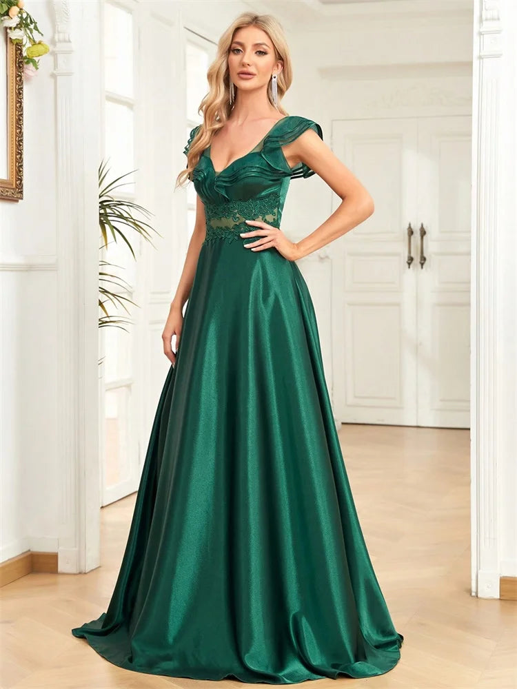 Luxury Green Satin Evening Dress - Sleeveless Deep V-Neck Maxi Gown | Blue Plum - Blue Plum