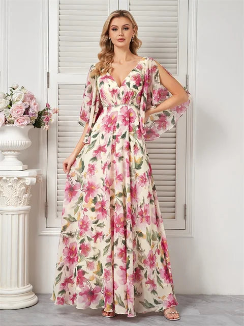 BluePlum Luxury Chiffon Flare Sleeve Chroma Evening Dresses Elegant Fashion Women Dress Formal Wedding Bridesmaid Party Gowns | Blue Plum - Blue Plum