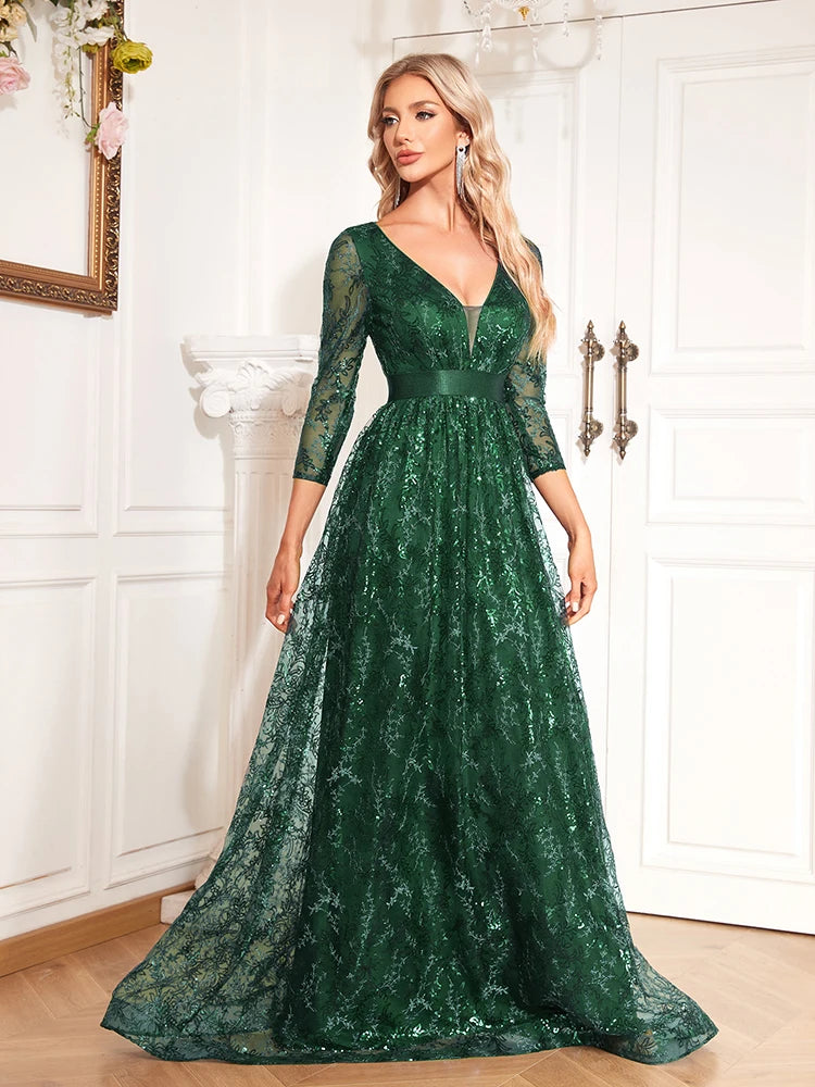 BluePlum Elegant Green Sexy V-Neck Floral Evening Dress Long 2024 Luxury Women Long Sleeve Party Prom Sequin Cocktail Dress Gown | Blue Plum - Blue Plum