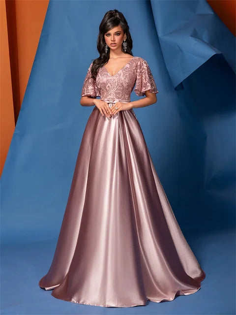 BluePlum Elegant Short Sleeve Pink Satin Formal Evening Dress Luxury Long Women Mermaid Wedding Party Dress Cocktail Prom | Blue Plum - Blue Plum