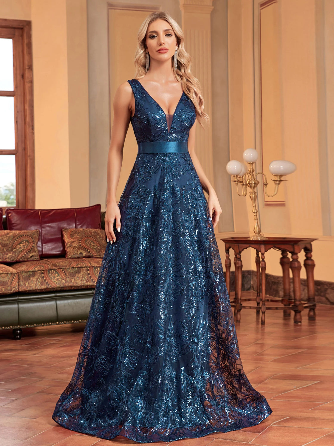 Luxury Deep V-Neck Sequins Blue Evening Dress | Blue Plum - Blue Plum