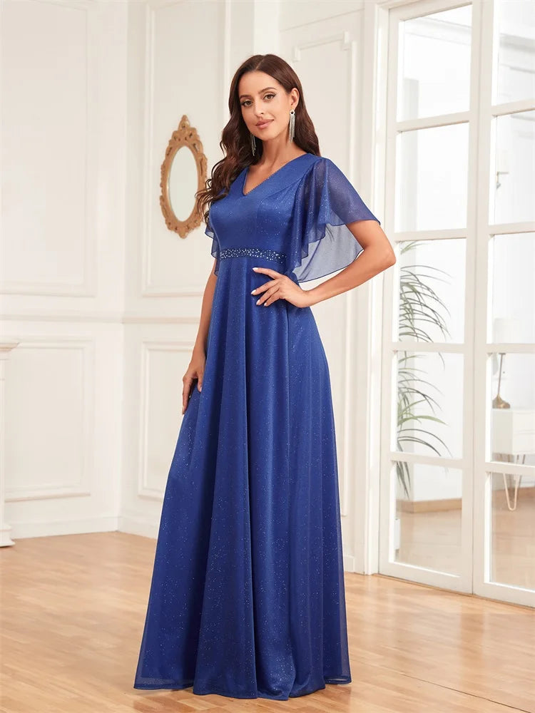 BluePlum Luxury Chiffon Maxi V-neck Royal Blue Long Dress Women Elegant Flared Sleeves Chiffon Wedding Party Evening Dress Prom | Blue Plum - Blue Plum