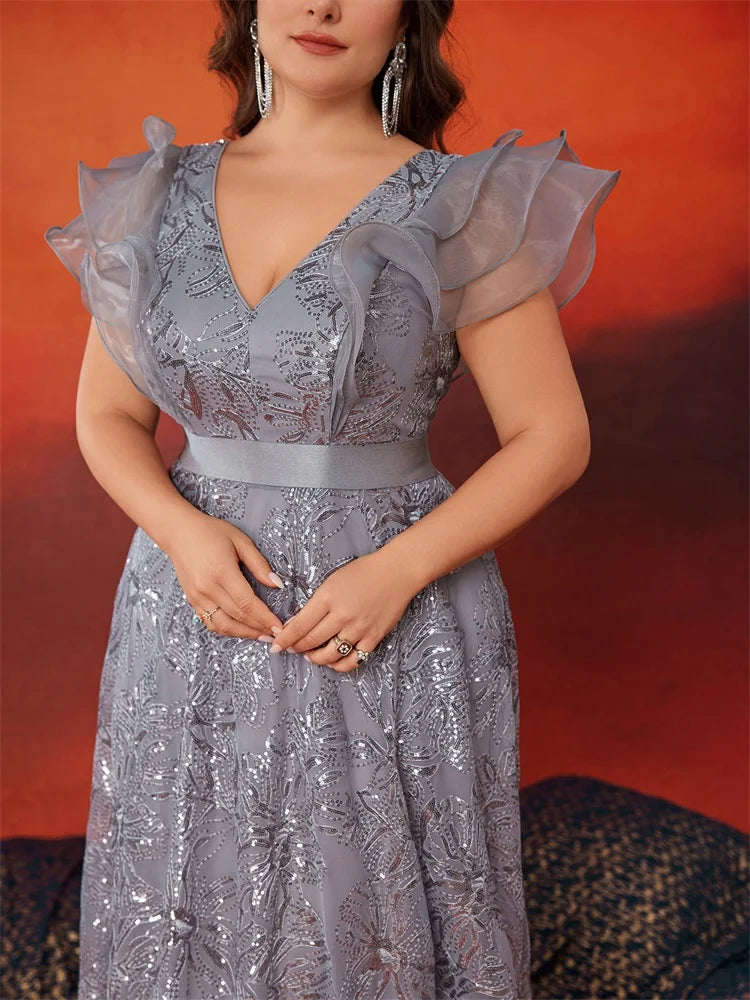 BluePlum Plus Size Grey Sequins V-Neck Evening Dress | Blue Plum - Blue Plum