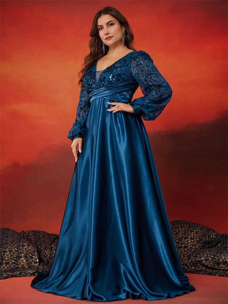 Luxury Blue Satin V-Neck Evening Dress - Plus Size | Blue Plum - Blue Plum