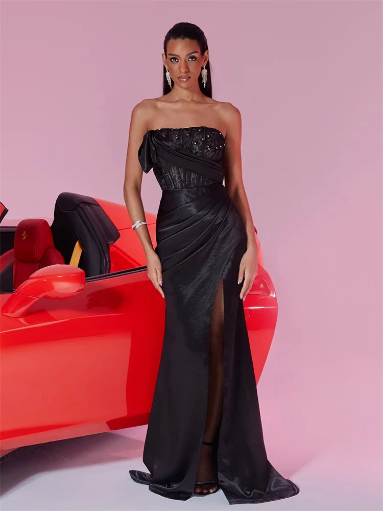 BLUEPLUM Luxury Beading Satin Mermaid Evening Dress | Blue Plum - Blue Plum