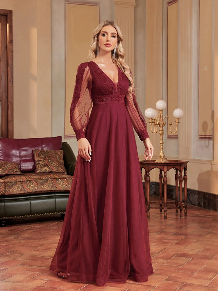 BluePlum Elegant Tulle Blue Evening Dress Women Chiffon Long Sleeve V-Neck Maxi Floor-Length Gown 2025 Aline Bridesmaid Prom Dress | Blue Plum - Blue Plum