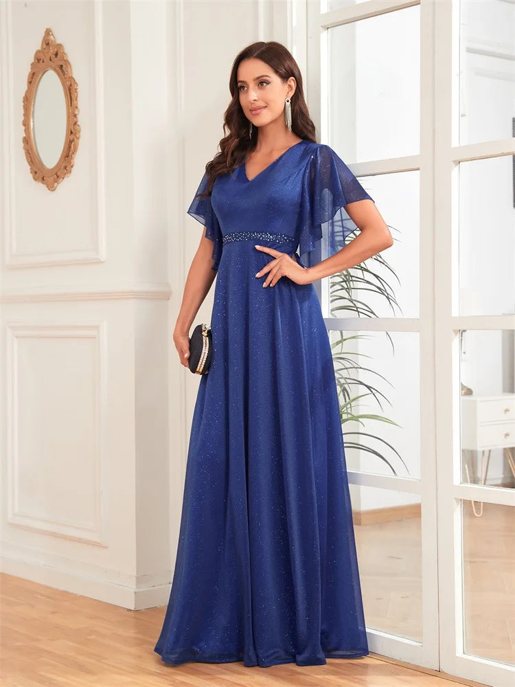 BluePlum Luxury Chiffon Maxi V-neck Royal Blue Long Dress Women Elegant Flared Sleeves Chiffon Wedding Party Evening Dress Prom | Blue Plum - Blue Plum