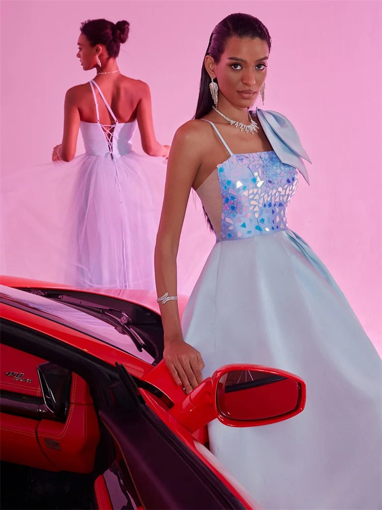 Elegant Satin Blue Bow Bridesmaid Dress - Luxury A-line Gown | Blue Plum - Blue Plum