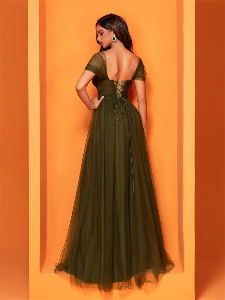 BluePlum Short Sleeves Slit Evening Dress - Elegant Mermaid Maxi | Blue Plum - Blue Plum