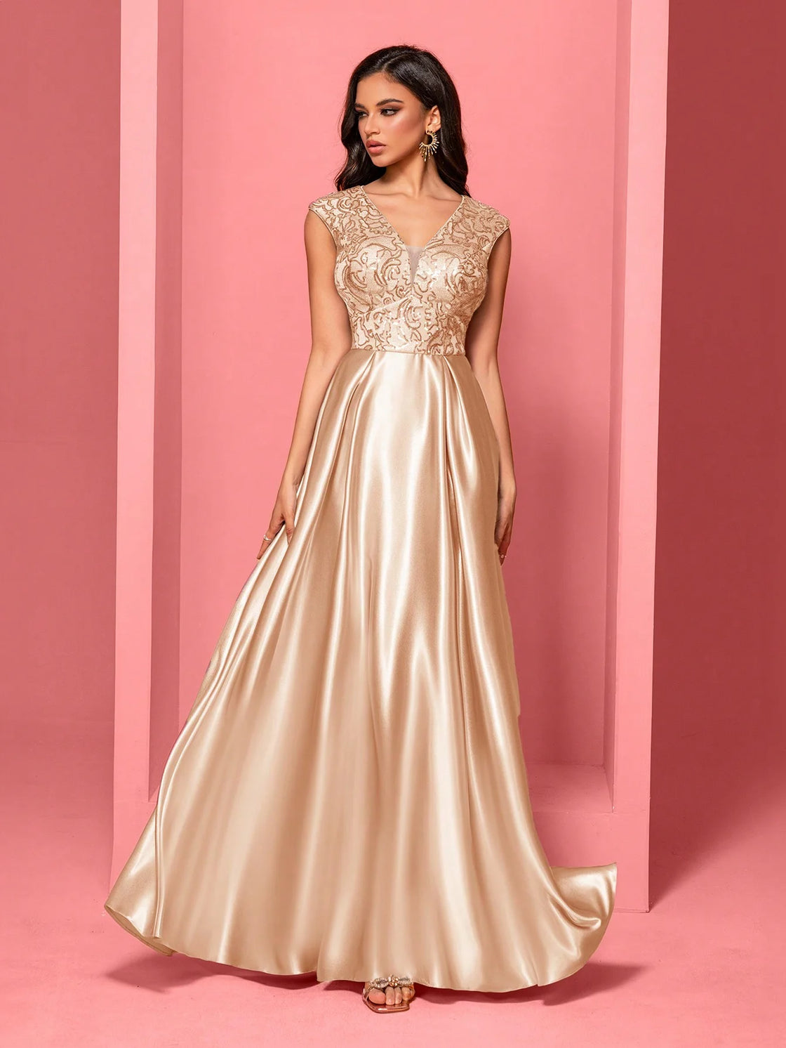 Luxury Blueplum Gold Satin V-Neck Sequin Evening Dress | Blue Plum - Blue Plum