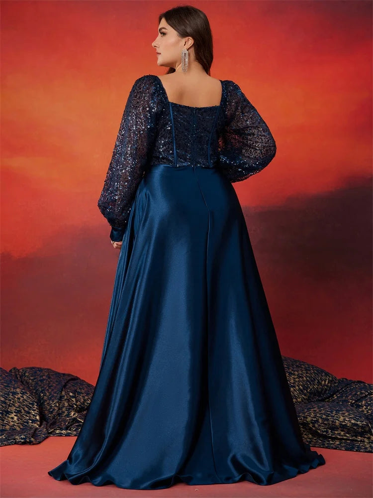 BluePlum Plus Size Luxury Blue V-Neck Sequin Evening Dress Elegant Women Party Maxi Dress Long Sleeve Cocktail Dress Prom Gown | Blue Plum - Blue Plum