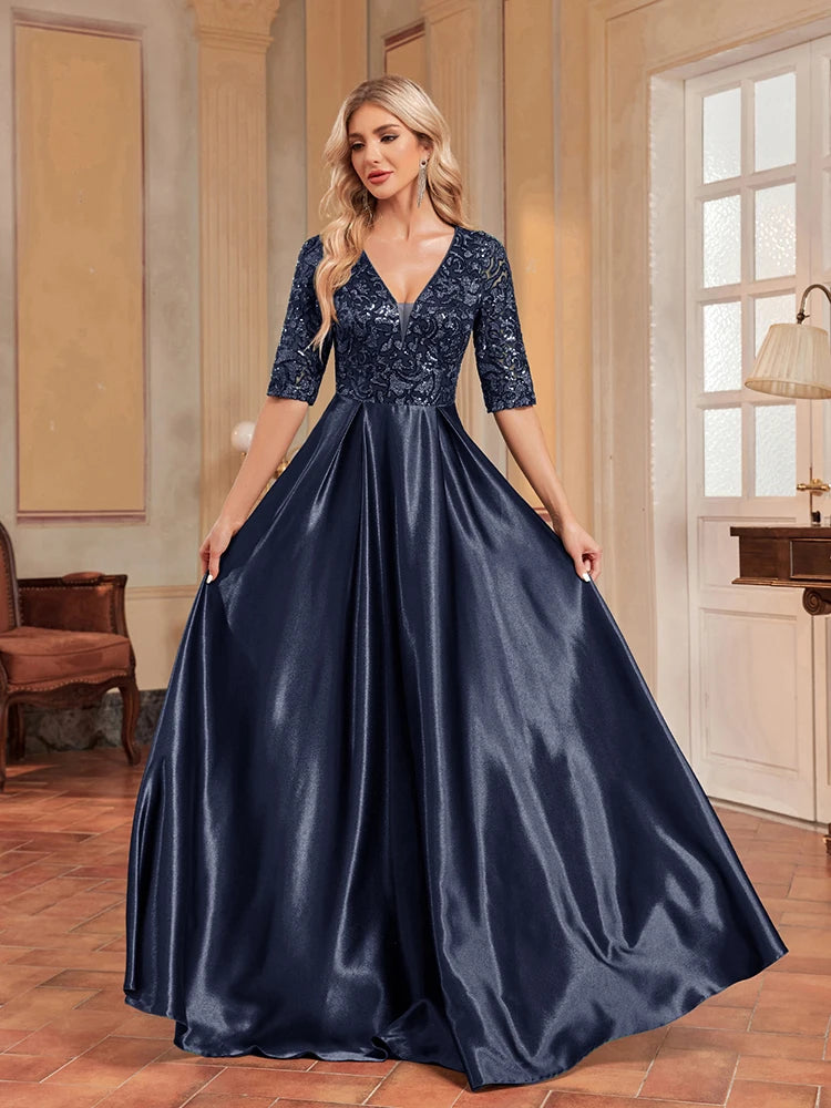 BluePlum Elegant Short Sleeve Blue Sequins Evening Dress Women Satin Sexy V-neck Wedding Party Prom Cocktail Floor Lenght Dresses | Blue Plum - Blue Plum