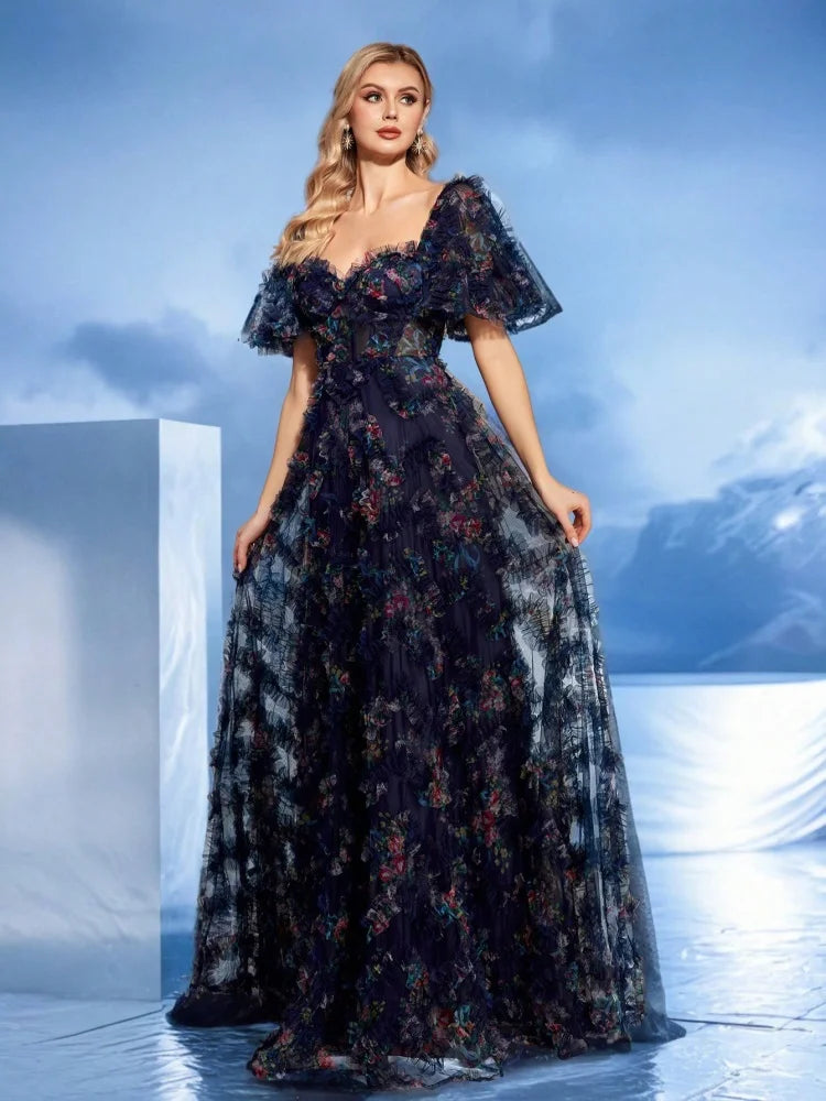 BLUEPLUM Evening Dress: Short Sleeve Floral Mermaid Gown | Blue Plum - Blue Plum