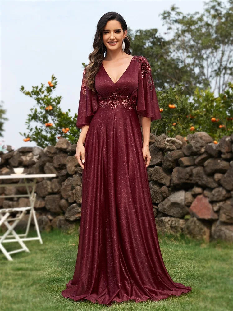 BluePlum Elegant Shining Short sleeve Navy Formal Evening Dress Long 2024 Luxury Women Wedding Party Dress Cocktail Prom Gowns | Blue Plum - Blue Plum