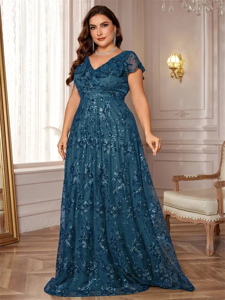 BluePlum Elegant Plus Size V-Neck Evening Dress | Blue Plum - Blue Plum