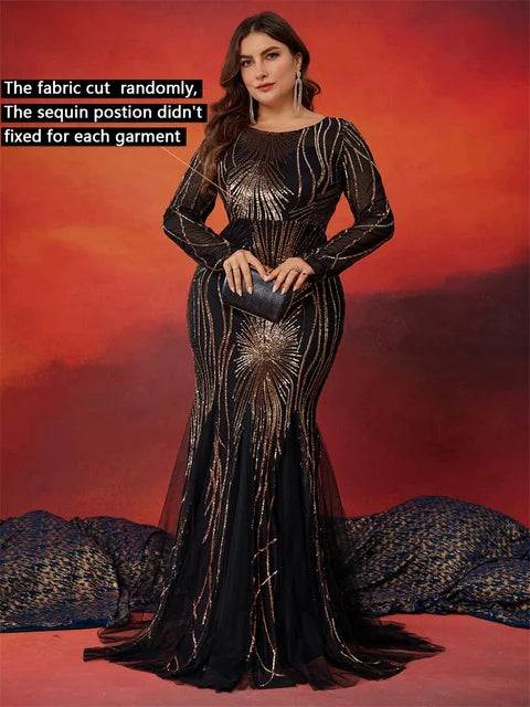 BluePlum Plus Size Elegant Long Sleeves Black Sequins Evening Dresses Women Luxury Mermaid Formal Party Maxi Prom Dress Gown | Blue Plum - Blue Plum
