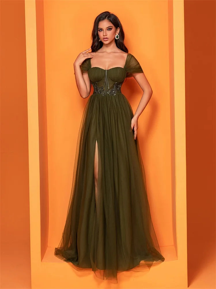 BluePlum Short Sleeves Slit Evening Dress - Elegant Mermaid Maxi | Blue Plum - Blue Plum