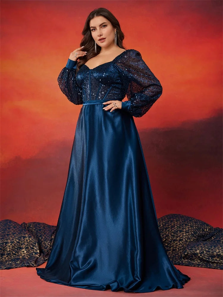 BluePlum Plus Size Luxury Blue V-Neck Sequin Evening Dress Elegant Women Party Maxi Dress Long Sleeve Cocktail Dress Prom Gown | Blue Plum - Blue Plum