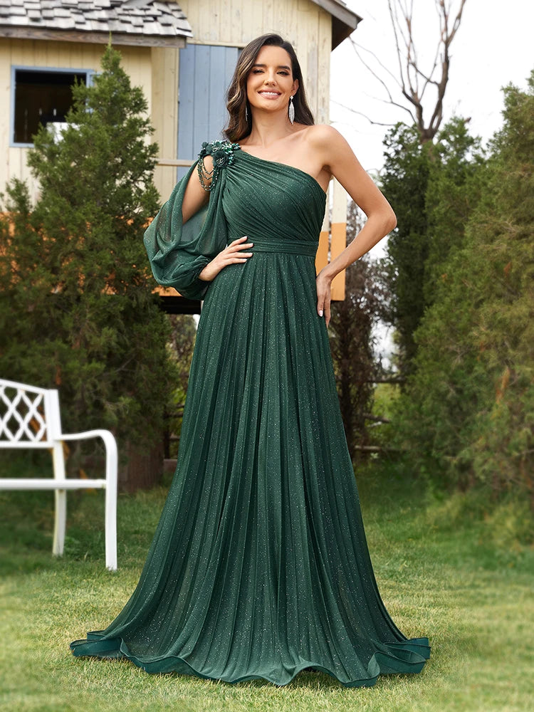BluePlum Elegant one-shoulder Long Sleeves Sparkle Floor Length Evening Dress 2024 Green Flower Bridesmaid Party Cocktail Prom | Blue Plum - Blue Plum
