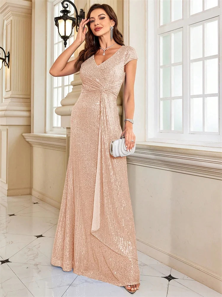 BLUEPLUM Gold V-Neck Sequin Evening Dress - Elegant 2025 | Blue Plum - Blue Plum