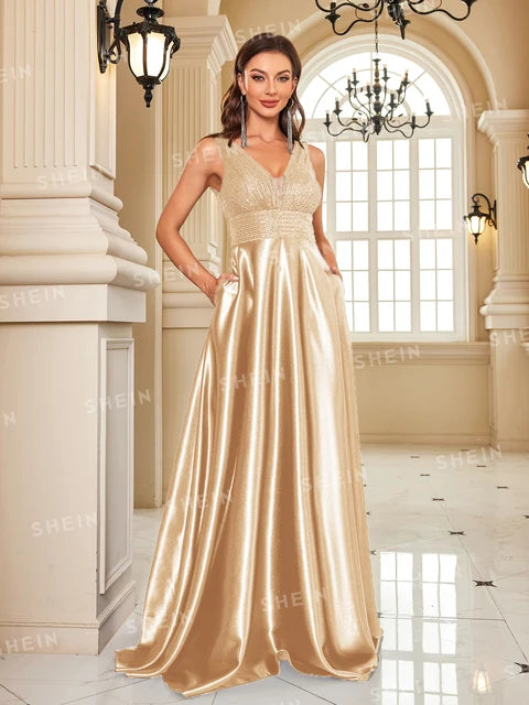 Luxury Sequin V-Neck Evening Gown | Blue Plum - Blue Plum