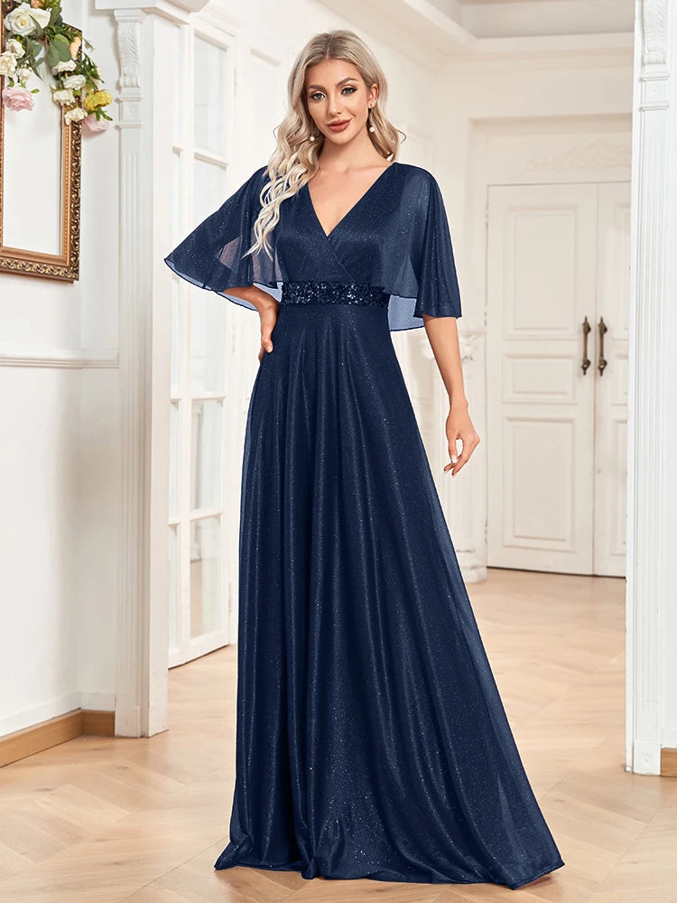 BluePlum Elegant Short sleeve Sequin Formal Evening Dress 2025 Women Wedding Party Prom V-Neck Ruffles Chiffon Red Gown Vestidos | Blue Plum - Blue Plum